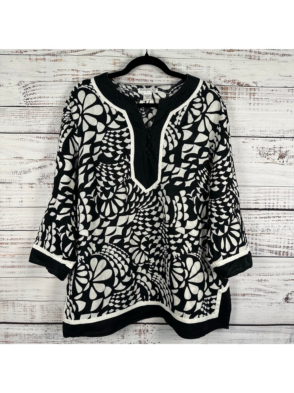 Womens Shanghai Red Black White Print V Neck 3/4 Sleeve Linen Tunic Blouse Sz 1X